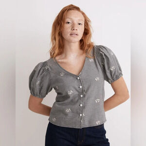 Madewell Embroidered Flannel Bubble-Sleeve Crop Shirt Size L EUC